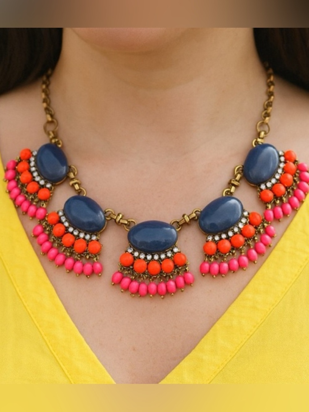 J.Crew 18in Statement Bib Necklace Gold Tone Pink Coral Navy Cabochon Boho Chic